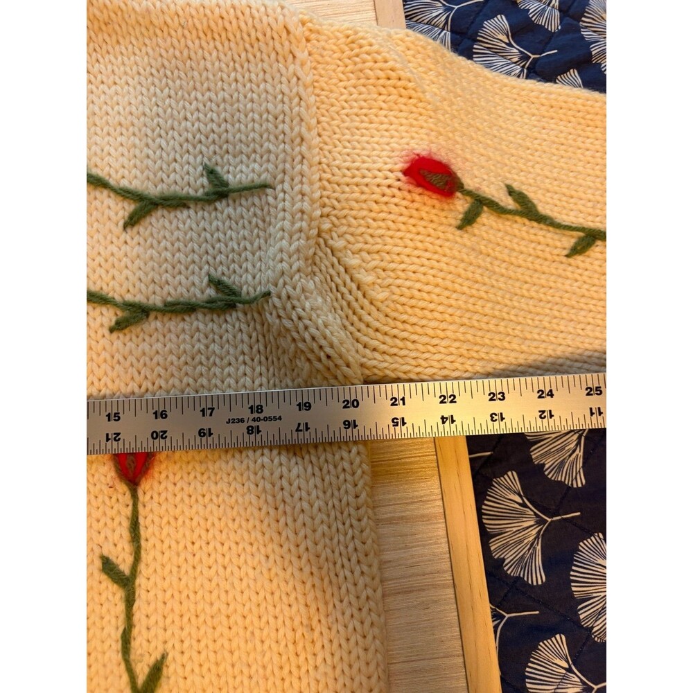 Cream Chunky Knit Cardigan Red Rose Floral Embroidered Shawl Collar Cottagecore - Picture 5 of 6